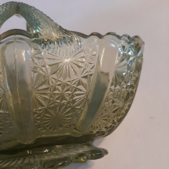 Fenton Green Glass Daisy and Button Oval Basket Split Twig Handle - Picture 10 of 11